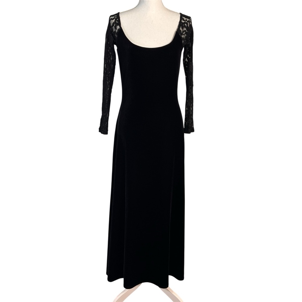 MODA INT'L Black Velvet & Lace Maxi Dress Cocktail Party Witchy Womens Size M